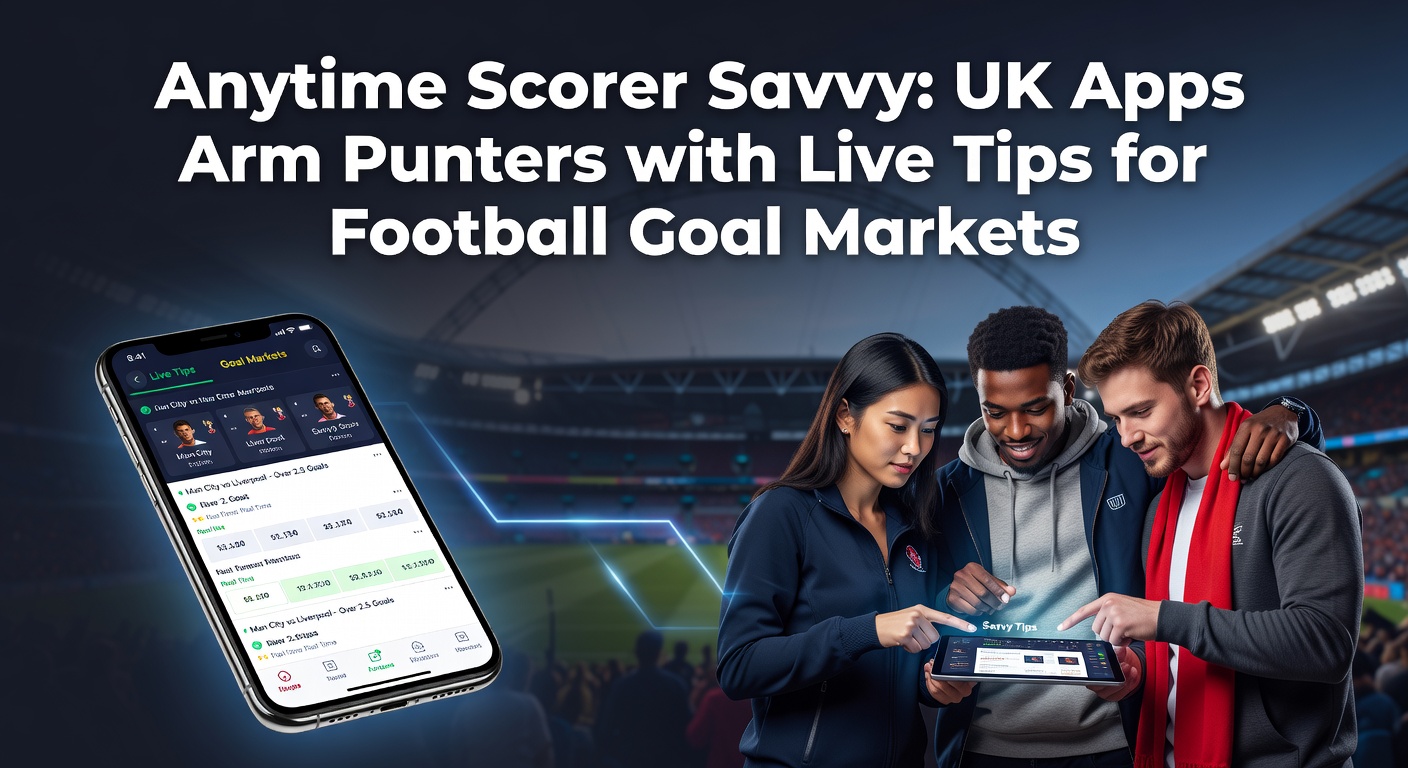 Smartphone screen showing a UK betting app with live anytime scorer tips during a Premier League match, highlighting player stats and odds updates