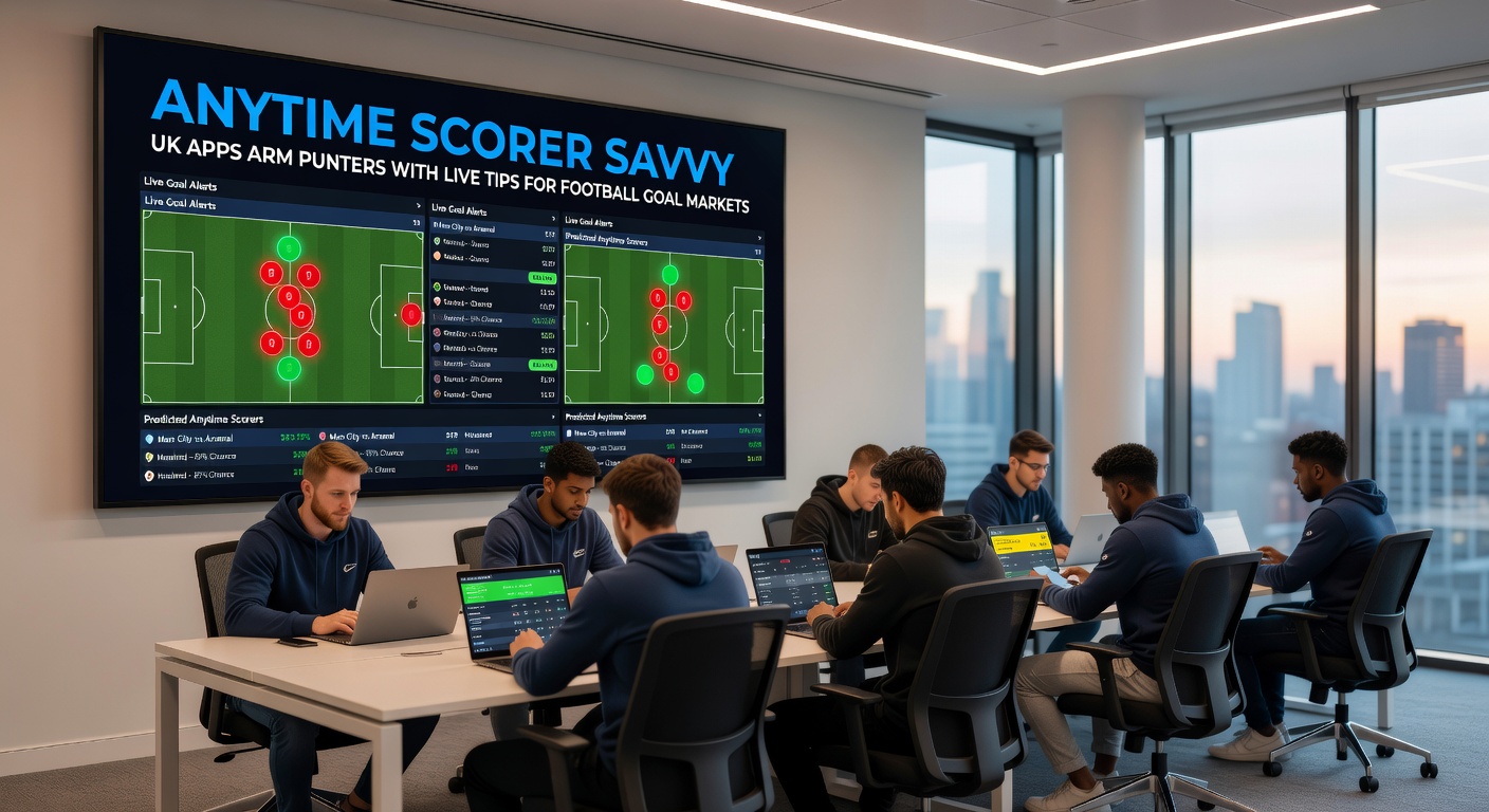 Close-up of a football pitch during a live match, with overlaid app graphics showing anytime scorer odds and player heatmaps updating in real time