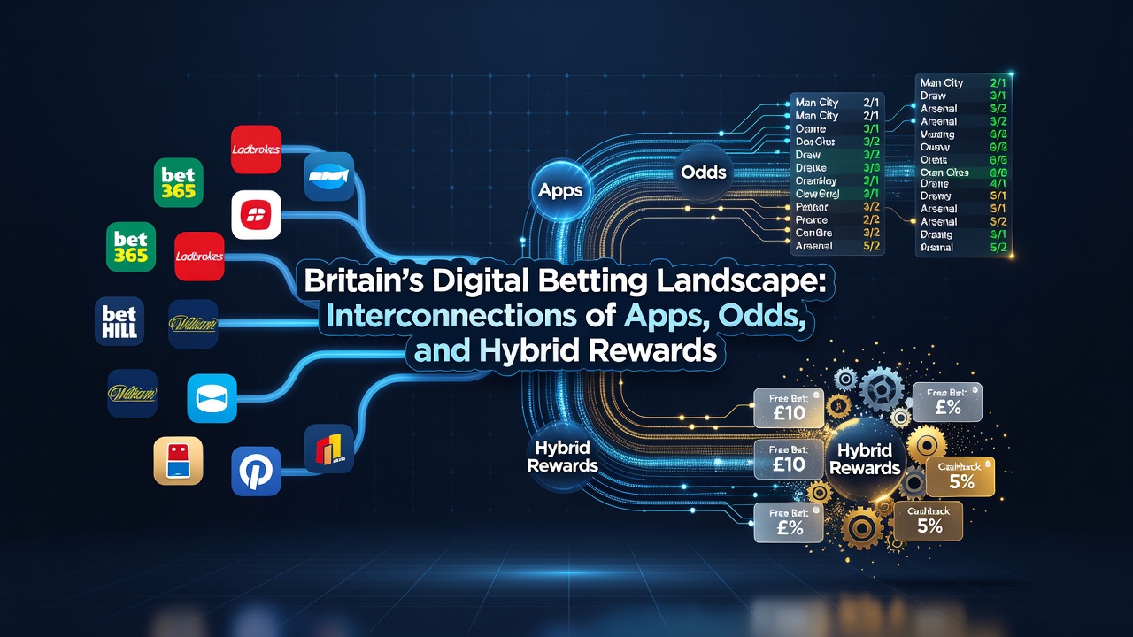 Interconnected dashboard showing live odds, app navigation, and hybrid reward balances in a betting platform