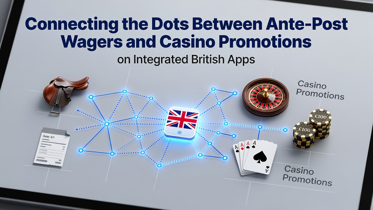 Integrated British betting app interface showing ante-post horse racing wagers linked to casino bonus promotions