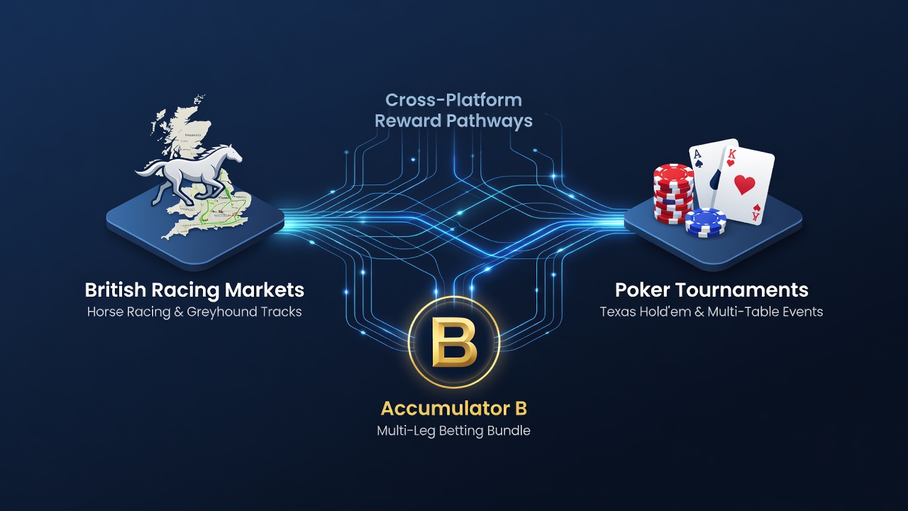 Accumulator builder interface displaying linked racing and poker reward options on a UK betting platform