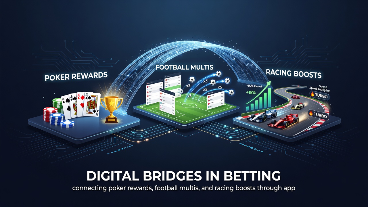 Mobile screen displaying linked rewards across poker, football multis, and racing sections