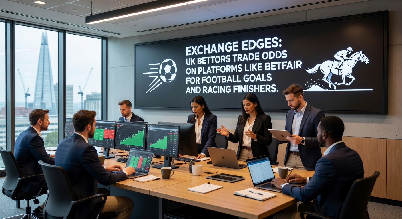 Betfair exchange interface showing live football odds trading for goals, with racing markets visible in the background