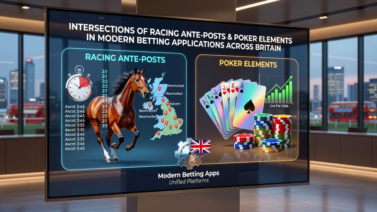 Illustration showing horse racing tracks alongside poker tables within a betting application interface