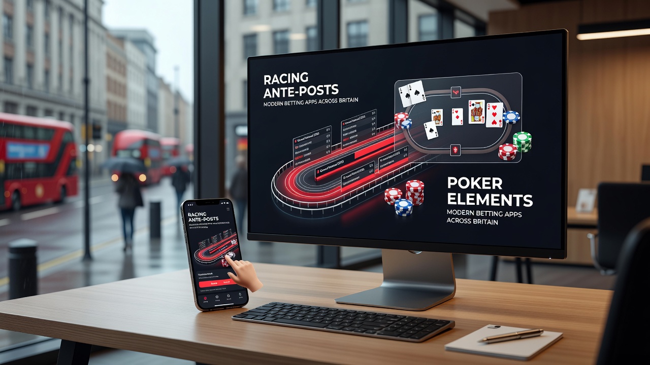 Screenshot of a betting app displaying ante-post racing odds next to a poker tournament lobby