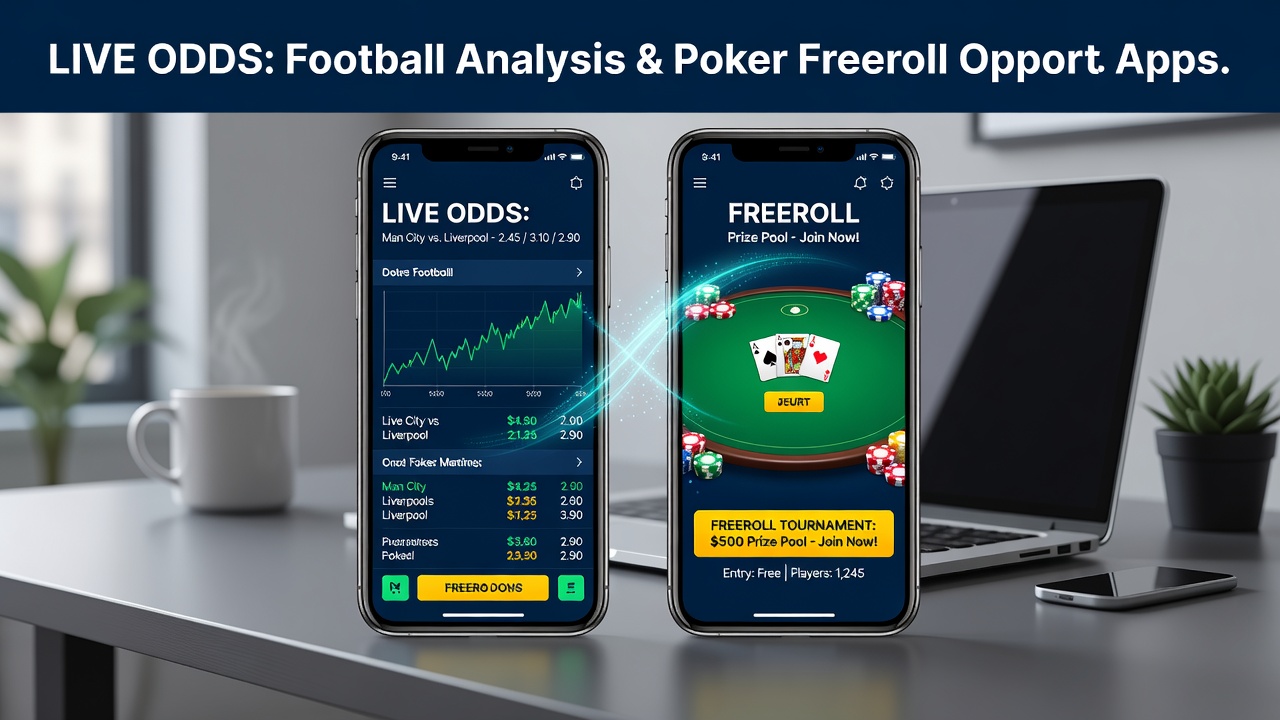 Smartphone screen displaying football odds analysis alongside poker freeroll tournament listings in a betting application interface