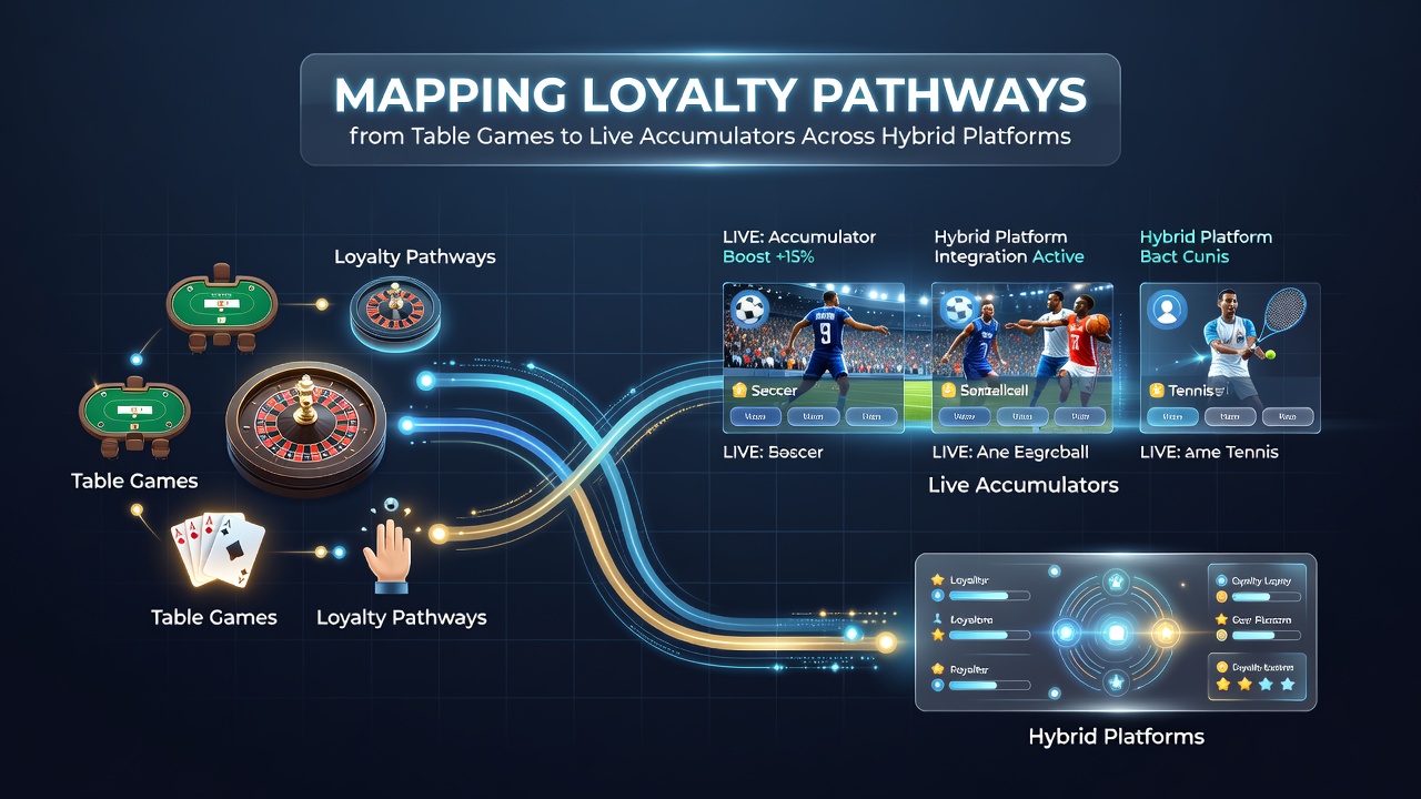 Illustration of loyalty points flowing from poker and blackjack tables into live sports accumulator interfaces on a hybrid betting platform