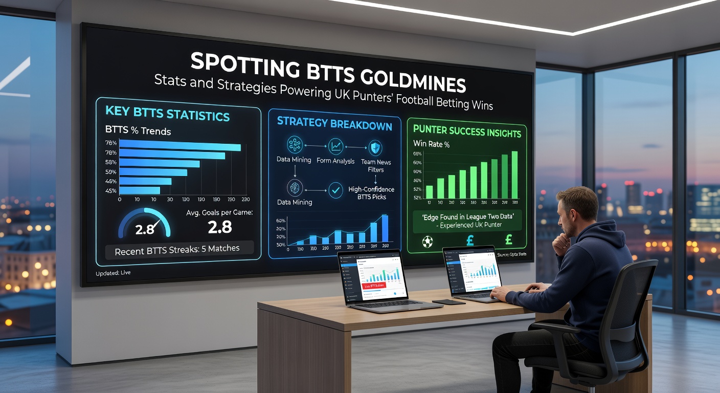 Data dashboard on a laptop screen displaying BTTS stats graphs and football match previews for UK leagues