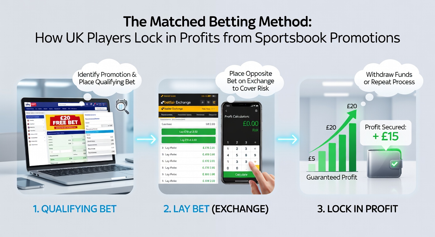 Infographic illustrating a matched betting example: back bet on Team A at 2.0 odds for £100, lay bet liability of £95 on exchange, resulting in £20 profit from free bet after qualifying