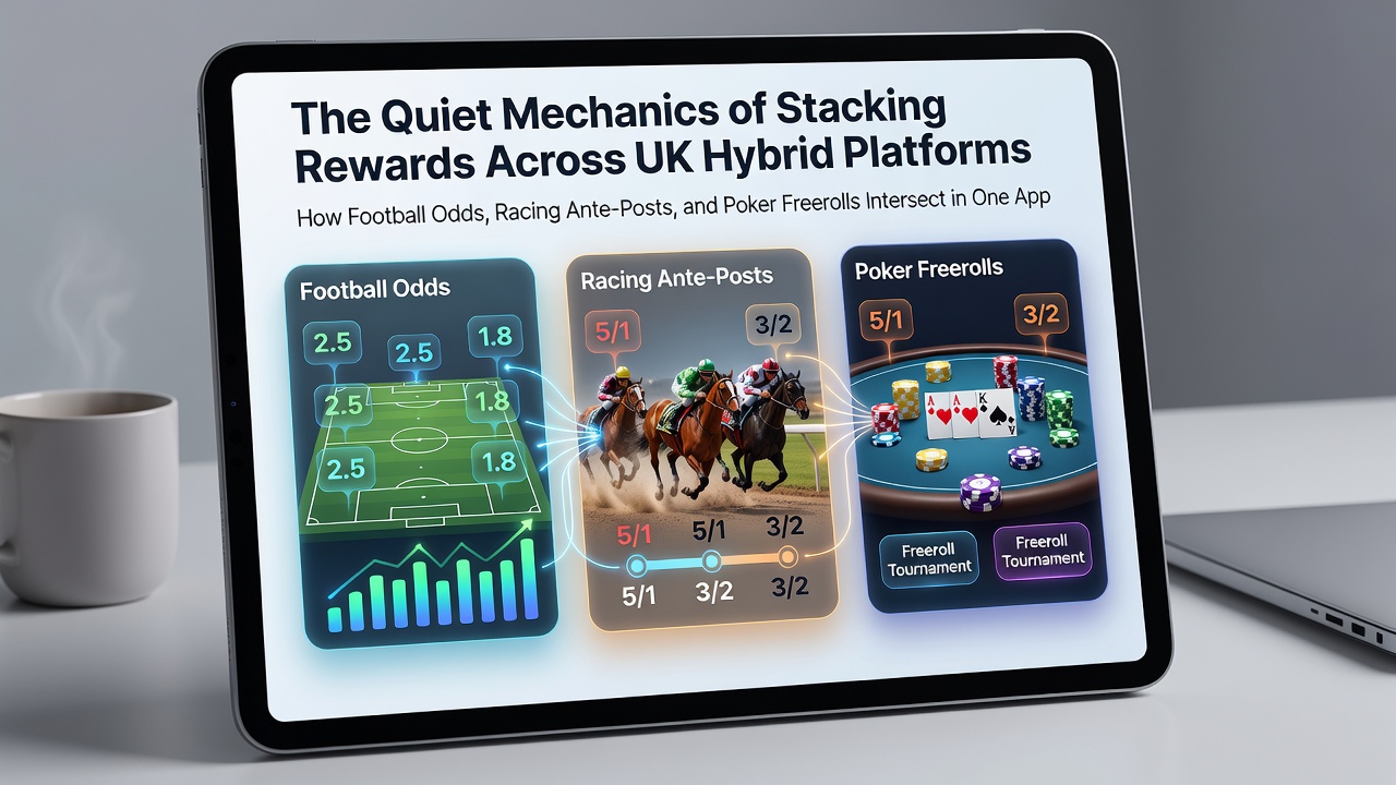 UK hybrid betting app interface showing stacked football odds, racing ante-post markets, and poker freeroll entries in a single dashboard view