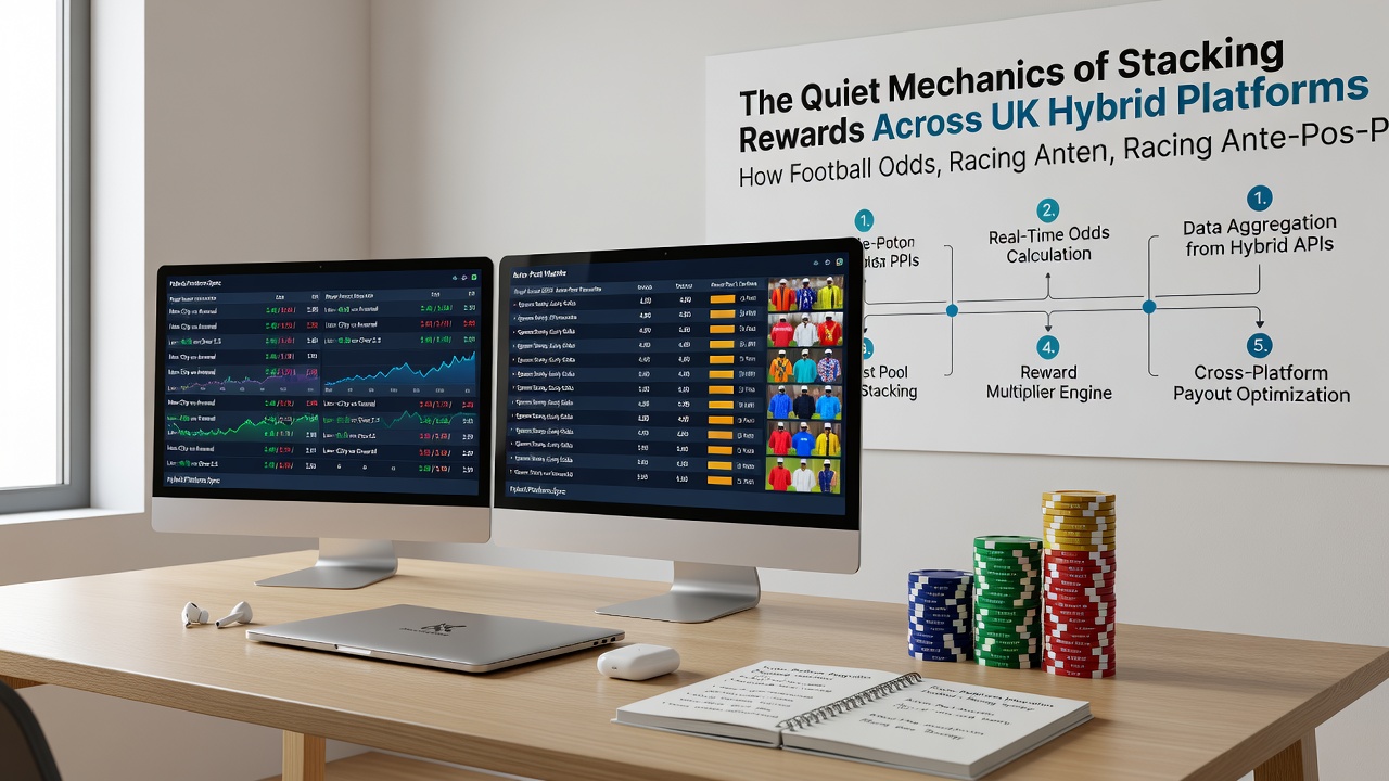 Detailed view of a hybrid platform dashboard illustrating reward flow from racing ante-post bets into poker freeroll qualifications alongside football accumulator tracking
