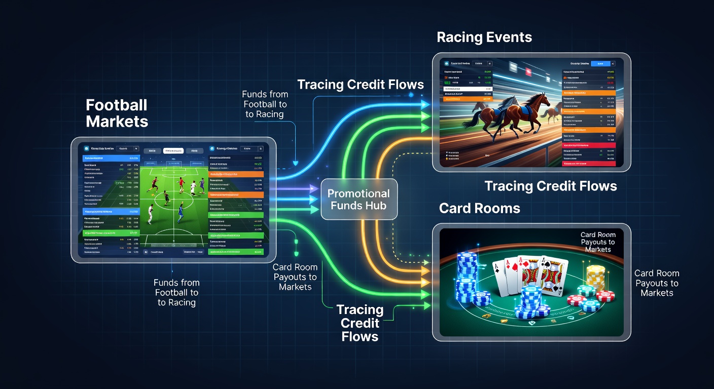 Mobile app interface showing promotional credit transfers across football, racing, and poker sections
