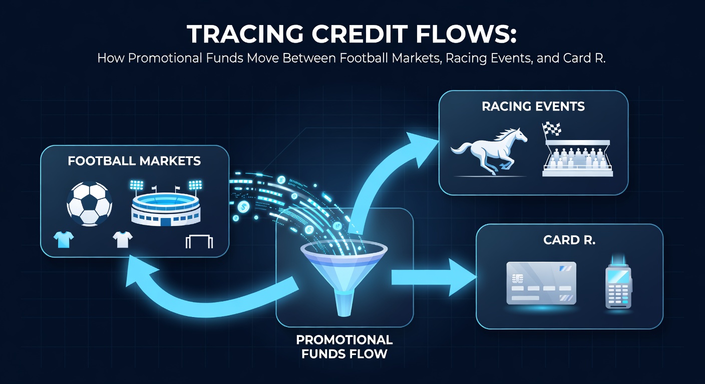 Flow diagram illustrating credit movement from football markets through racing events into card room tournaments
