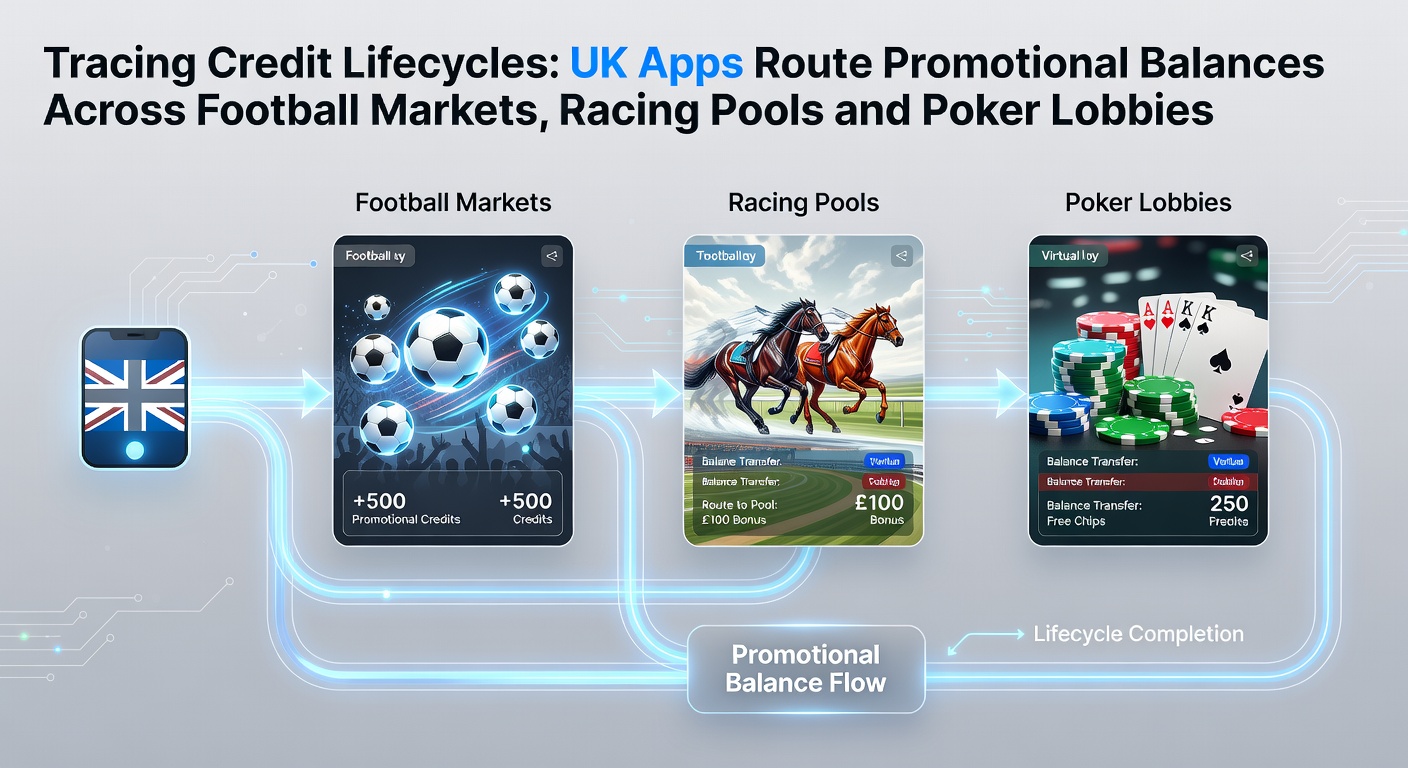 UK betting app interface showing promotional credit balances moving between football odds, horse racing pools, and poker tournament entries