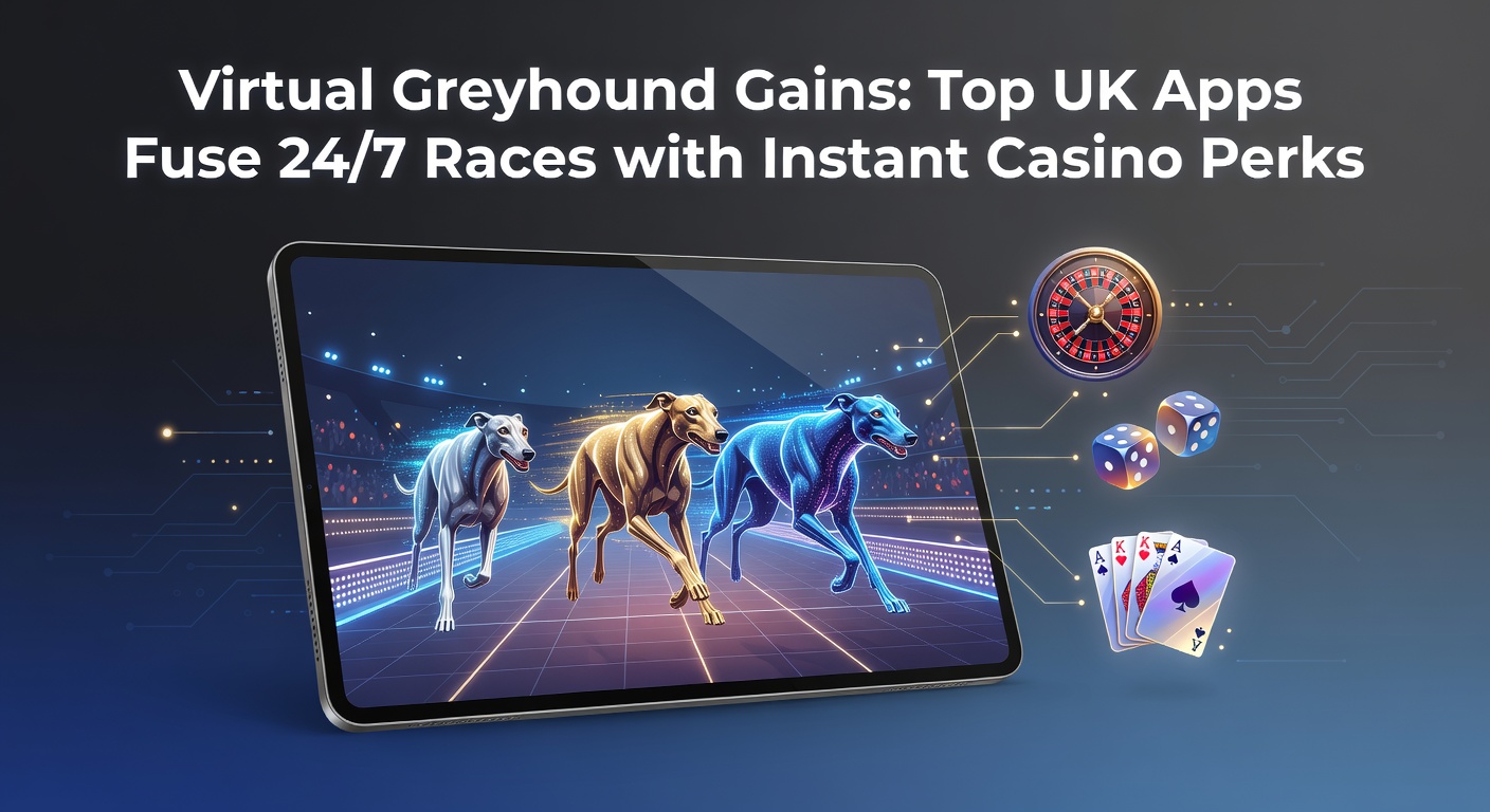 Screenshots of virtual greyhound racing interfaces on UK betting apps showing simulated races and casino bonus integrations