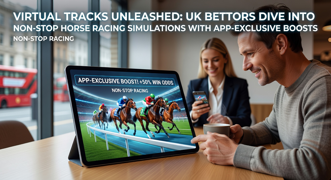 Vibrant digital simulation of virtual horse racing tracks buzzing with action on a UK betting app screen, showcasing galloping pixelated horses under stadium lights