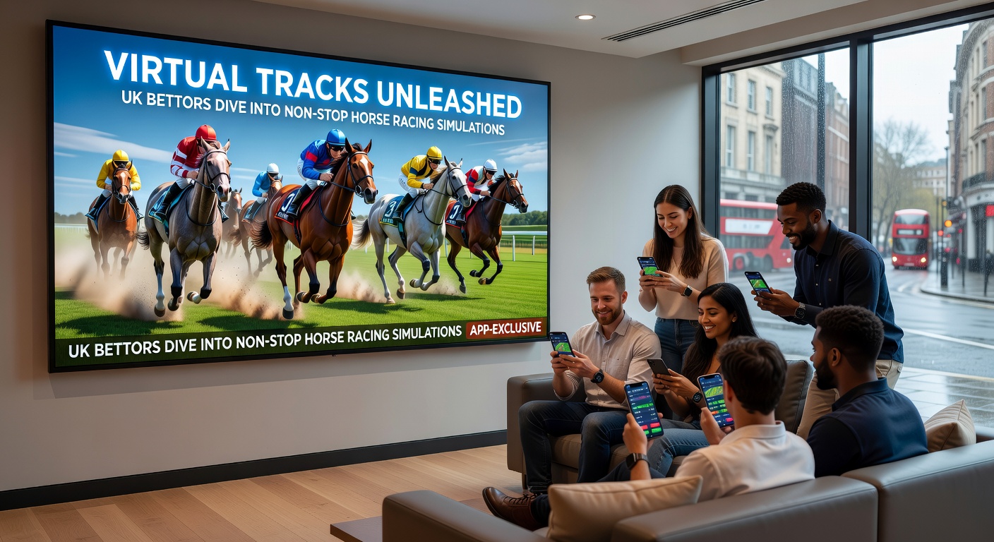 Close-up of a UK bettor's smartphone displaying app-exclusive odds boosts on a virtual horse race, with glowing promotions for enhanced payouts and free bet tokens